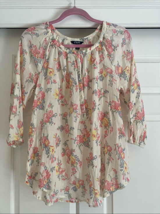 Chaps Tops - Chaps Cream Floral Peasant Top with Coral and Yellow Blooms